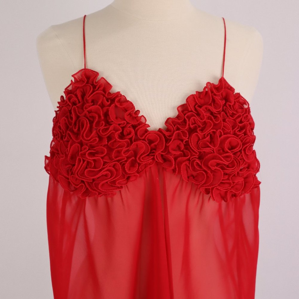 🌺 Vtg Red Babydoll Nightgown Ruffled Sheer Nightie Lingerie Negligee Dress Slip